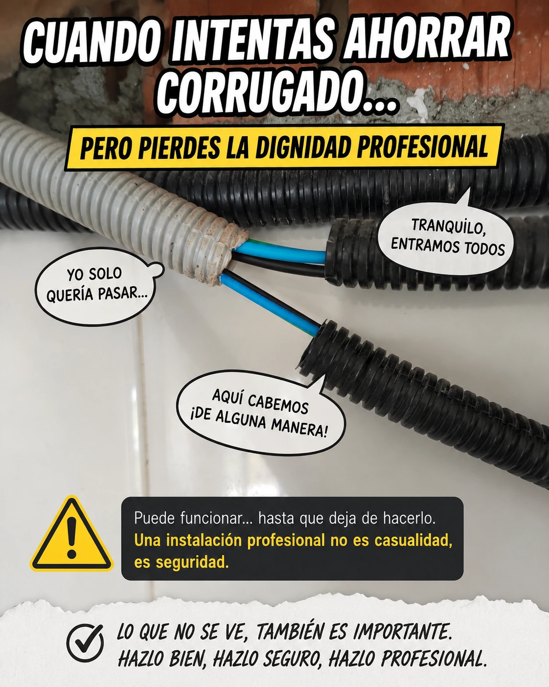 Montaje humorístico mostrando una chapuza eléctrica con varios corrugados unidos en una instalación de cocina.