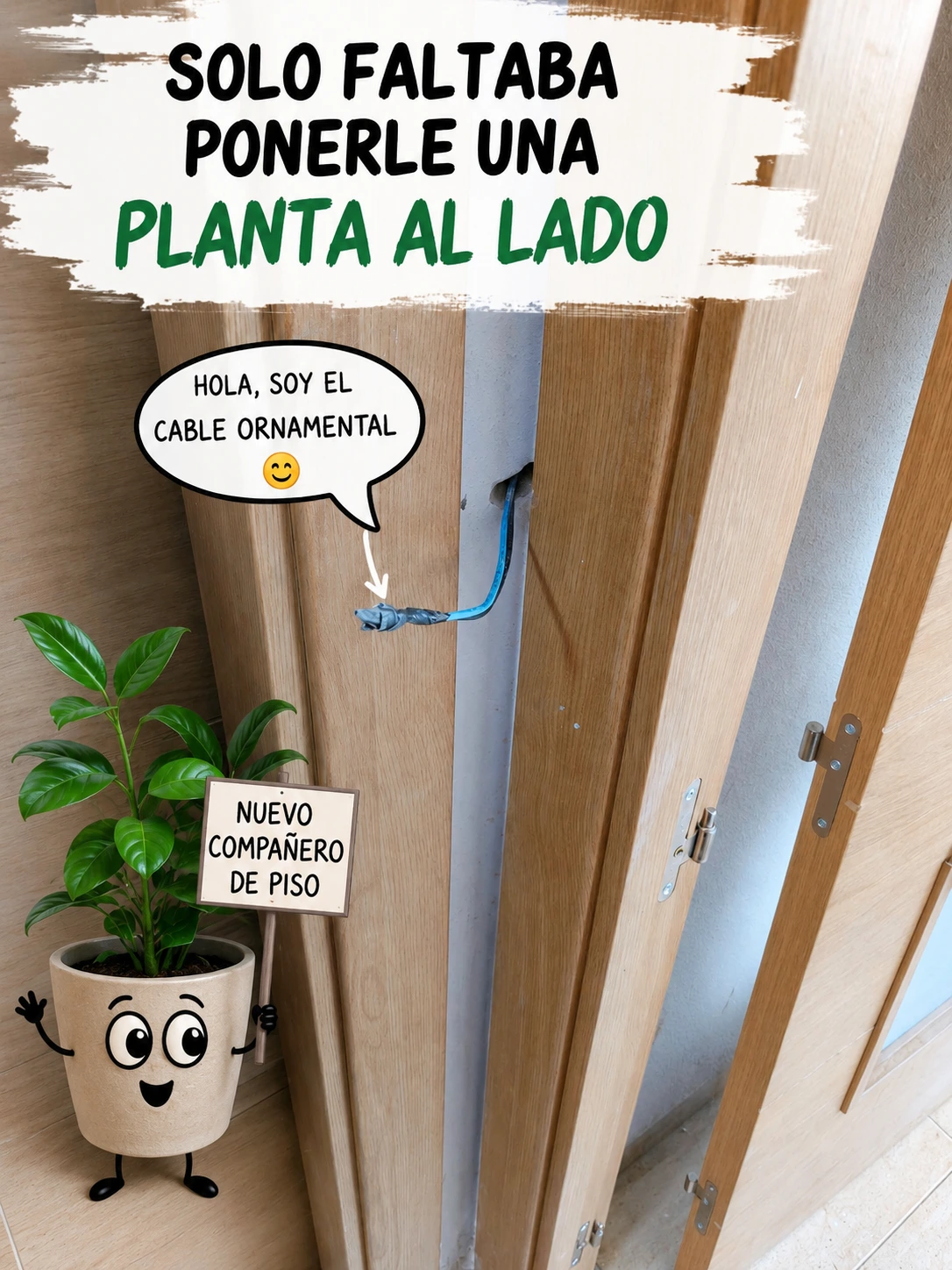 Montaje humorístico sobre un cable eléctrico mal instalado sobresaliendo del marco de una puerta en una reforma en Amposta.